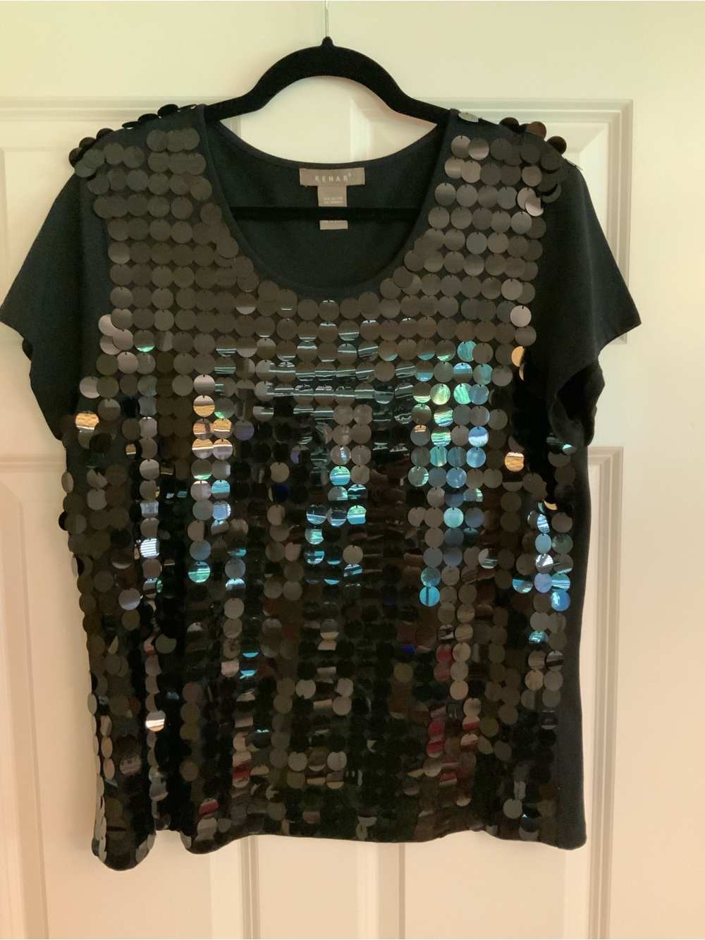 Kenar Black Sequin Embellished Short Sleeve Top Size XL